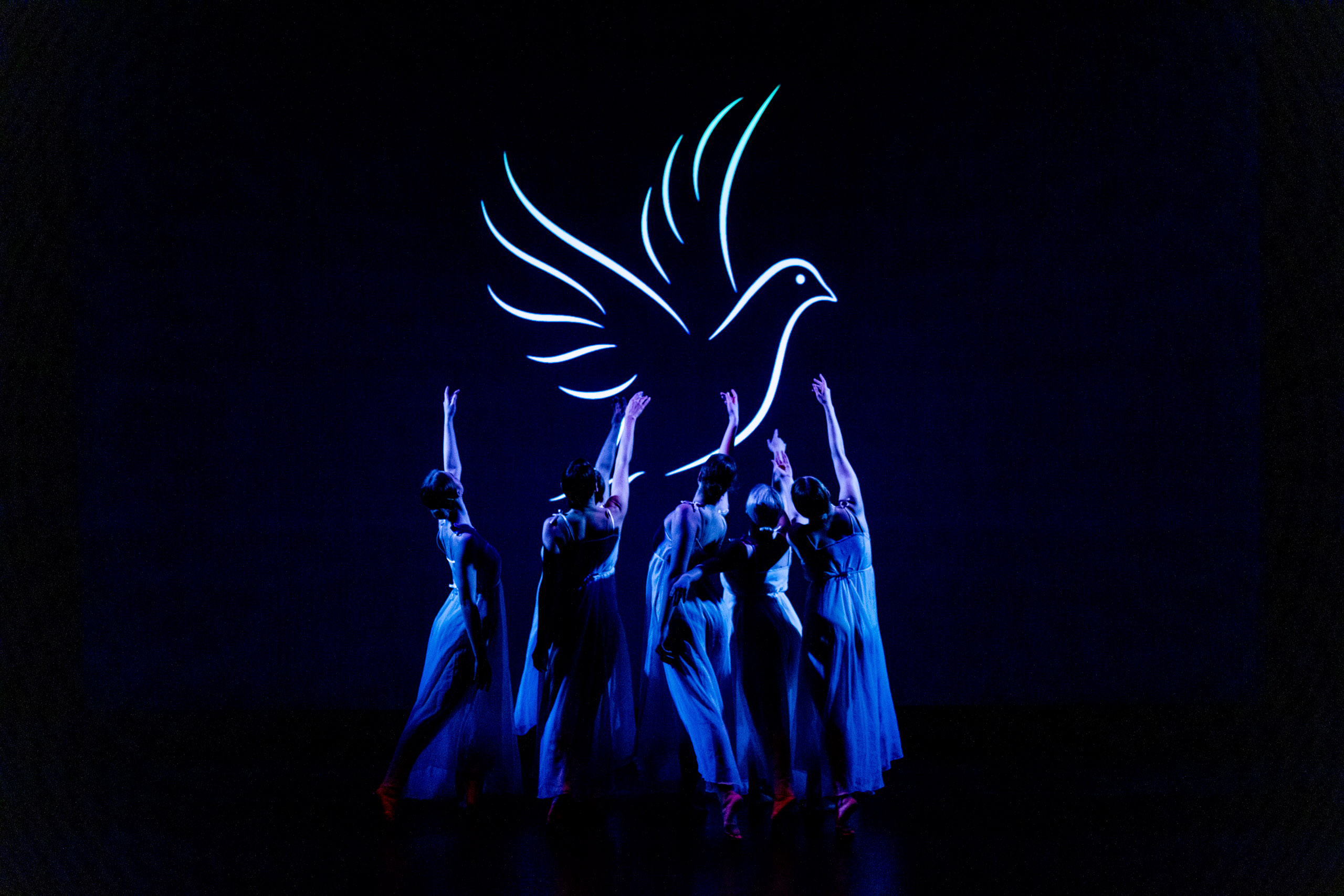 sechs Tänzerinnen strecken ihren Arm in Richtung einer im Hintergrund projizierten Taube